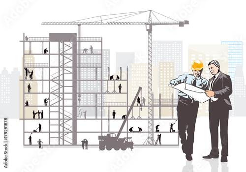 Architekt und Bauherr planen auf der Baustelle