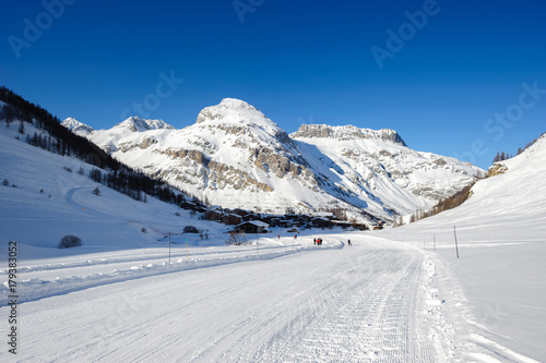 Alpine winter mountain landscape. French Alps with snow.