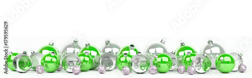 Green and white christmas baubles lined up 3D rendering