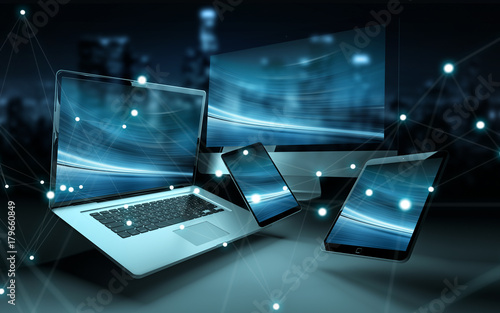 Modern digital tech device connected to each other 3D rendering