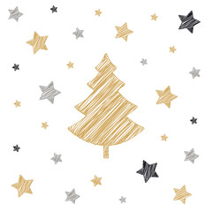 christmas tree stars scribble card drawing white background
