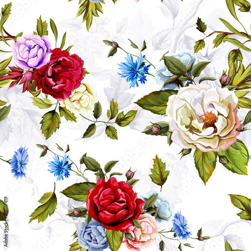 Fototapeta Wild Roses, peony, cornflowers, with leaves and humming bird on background on white. Stylized. Watercolor, hand drawn. Seamless pattern. Vector - stock.