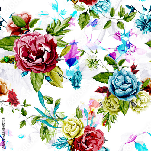 Fototapeta Wild Roses, peony, cornflowers, with leaves and humming bird on background on white. Stylized. Watercolor, hand drawn. Seamless pattern. Vector - stock.
