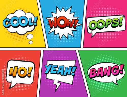 Retro comic speech bubbles set on colorful background. Expression text COOL, NO, WOW, YEAH, OOPS, BANG. Vector illustration, vintage design, pop art style. © mejorana777