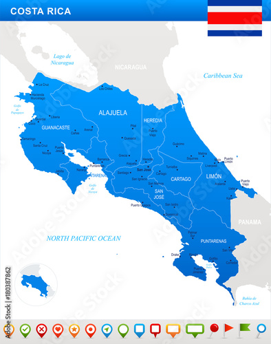 Plakat Costa Rica - mapa, flaga i nawigacja ikony - Szczegółowa wektorowa ilustracja