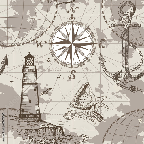 Obraz Fotograficzny Hand drawn vector seamless sea map with compass, lighthouse, anchor and seashells. Perfect for textiles, wallpaper and prints.
