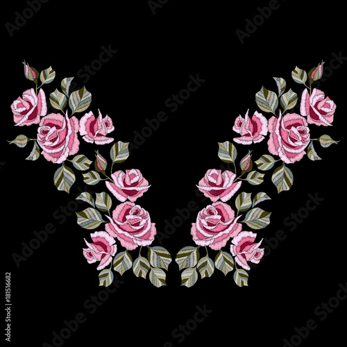 Fototapeta Neck line embroidery with rose flowers vector illustration.
