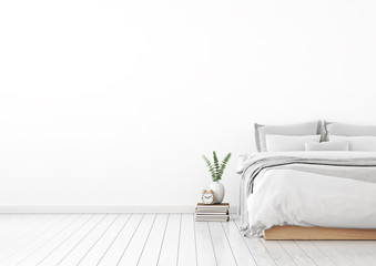 Home interior wall mock up with unmade bed, plaid,cushions and plant in white bedroom. Free space on left. 3D rendering.