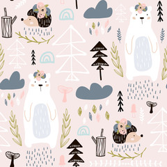 Seamless pattern with bear, floral elements, branches, hedgehog. Creative forest height detailed background. Perfect for kids apparel,fabric, textile, nursery decoration,wrapping paper.