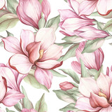 Seamless pattern with blooming magnolia. Watercolor illustration