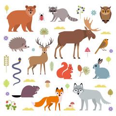 Vector illustration of forest animals: moose, deer, bear, hedgehog, rabbit, squirrel, beaver, wolf, fox, raccoon, owl, grass snake, isolated on white background.