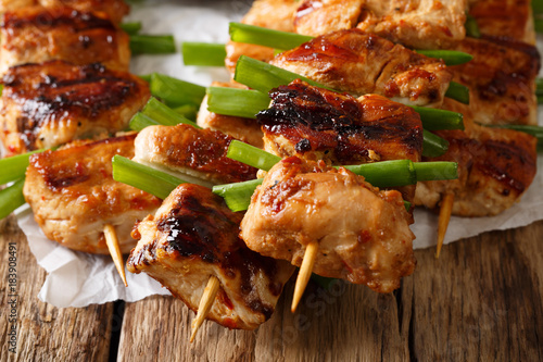 Obraz Fotograficzny Spicy chicken kebab with green onion close-up on parchment. horizontal