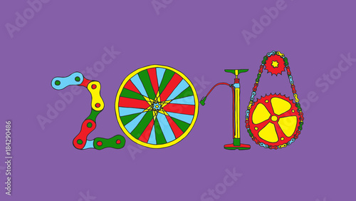 Plakat foto 2018 bicycle bicycle Happy New year colorful on the purple background