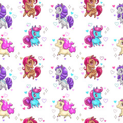 Seamless pattern with cute cartoon pony.