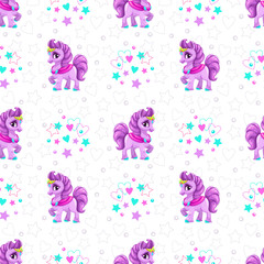 Seamless pattern with cute cartoon horse princess on white background.