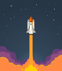Space rocket launch. Vector illustration of starting space rocket with smoke clouds on dark night sky background.