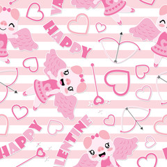 Seamless pattern of cute pig as cupid and Valentine elements on striped background vector cartoon illustration for Valentine wrapping paper, kid fabric clothes, and wallpaper