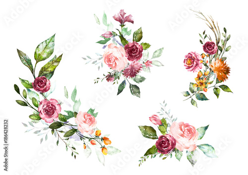 Set Watercolor flowers. Hand painted floral illustration. Bouquet of flowers pink rose. Design arrangements for textile, greeting card. Abstraction branch of flowers isolated on white background.
