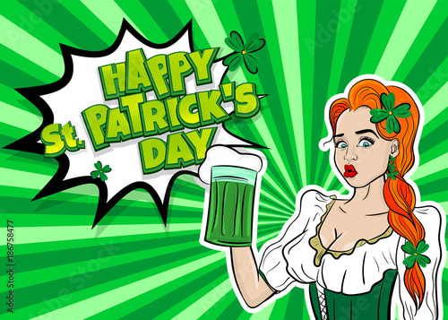Obraz na płótnie Happy St Patrick's Day pop art. Sexy red woman wow face hold ale green glass. Holiday vector illustration greeting. Shamrock cartoon clover. Funny colored kitsch.