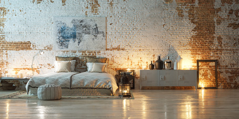 panorama vintage bedroom in front of industrial brick wall - bed in altem fabrik loft