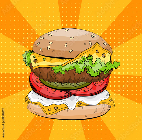 Obraz na płótnie Classic burger on a pop art background. Colorful Big sandwich