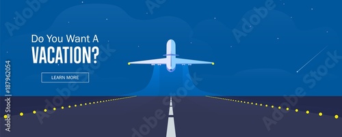 Airplane in the sky, runway and take-off plane. Banner or flyer for travel and vacation design. Starry night sky. Vector illustration. © afendikoff