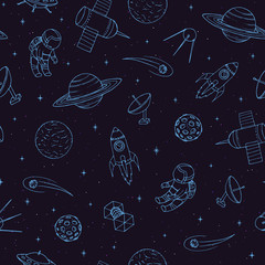 Hand drawn vector seamless pattern with cosmonauts, satelites, rockets, planets, moon, falling stars and UFO. Cosmic ornament on the dark background.
