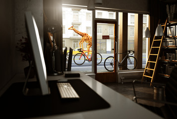 Giraffe fährt mit Fahrrad an einem Laden vorbei