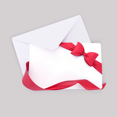 Gift Card with Envelope, Red Bow and Ribbon decoration. Vector template.