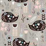 Seamless pattern hedgehogs with floral elements, branches. Creative woodland background. Perfect for kids apparel,fabric, textile, nursery decoration,wrapping paper.Vector Illustration