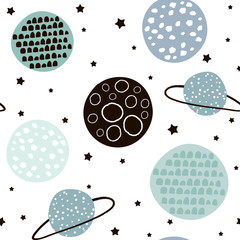 Seamless pattern with stars, constellations, planets and hand drawn elements. Childish texture. Great for fabric, textile Vector Illustration