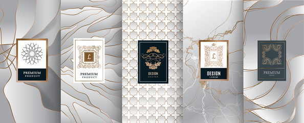Collection of design elements,labels,icon,frames, for packaging,design of luxury products.Made with golden foil.Isolated on silver and marble background. vector illustration