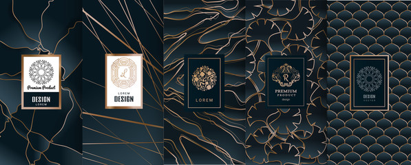 Collection of design elements,labels,icon,frames, for packaging,design of luxury products.Made with golden foil.Isolated on black and marble background. vector illustration