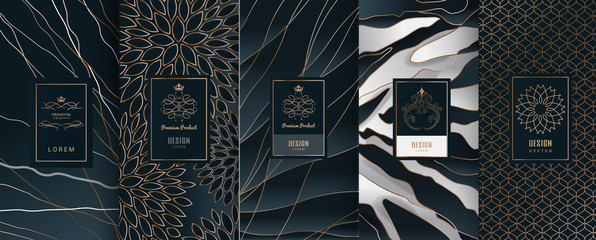 Collection of design elements,labels,icon,frames, for packaging,design of luxury products.Made with golden foil.Isolated on black and marble background. vector illustration