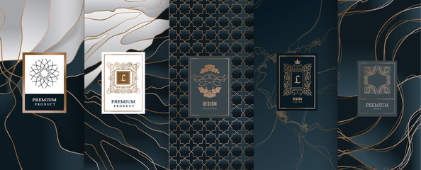 Collection of design elements,labels,icon,frames, for packaging,design of luxury products.Made with golden foil.Isolated on black and marble background. vector illustration