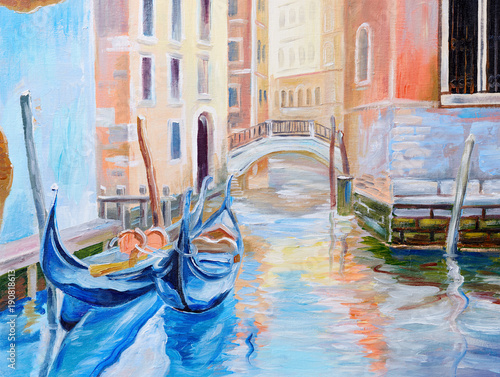 Oil painting, gondola in Venice, beautiful summer day in Italy, abstract drawing © Fresh Stock