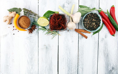Spices and herbs on white background. Food and cuisine ingredients.