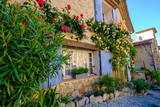 Façade d'une maison avec des fleurs. Village Ansouis, Provence, France.