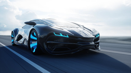 black futuristic electric car on highway in desert. Very fast driving. Concept of future. 3d rendering.