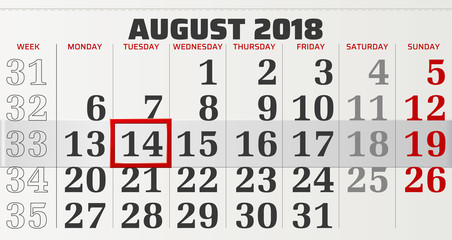vector calendar of august 2018 with highlighting red frame
