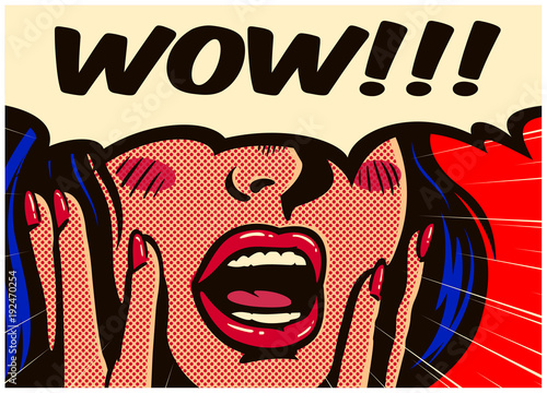 Retro pop art style surprised and excited comics woman with open mouth and speech bubble saying wow vintage vector illustration © durantelallera