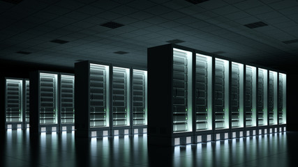Serverraum mit schwarzen Racks im dunkeln