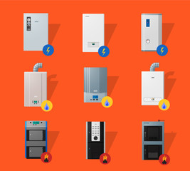 Different boilers icons set in flat style. Electrical, gas and solid fuel boilers. 