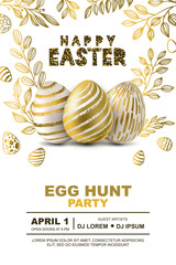 Easter egg hunt party vector poster design template. Golden 3d eggs and gold leves, on white background. Concept for banner, flyer, invitation, greeting card, holiday backgrounds.