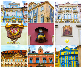 Collage from fragments of facades of old houses and old architecture in old town