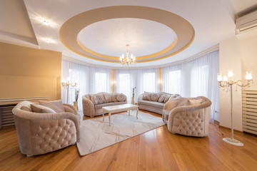 Interior of a luxury living room with round, circle, ceiling