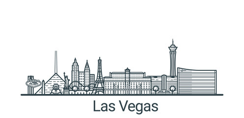 Linear banner of Las Vegas city. All buildings - customizable different objects with clipping mask, so you can change background and composition. Line art.