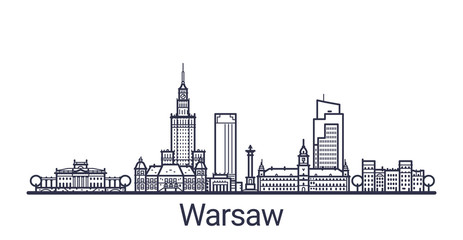 Linear banner of Warsaw city. All buildings - customizable different objects with clipping mask, so you can change background and composition. Line art.