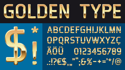 golden glossy vector type with letters, numbers and additional characters