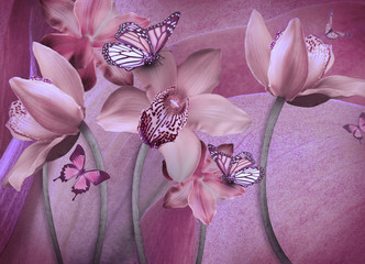 Floral background of orchids, bright flowers on a gray. Applied a filter with grain.